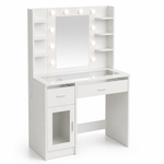LED Vanity Desk with charging station, RGB glass top, and illuminated mirror for beauty routines.