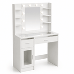 LED Vanity Desk with charging station, RGB glass top, and illuminated mirror for beauty routines.