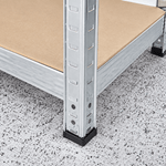 Close-up of stable black foot on metal shelving unit