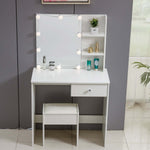 White Dressing Table with LED Mirror featuring a stylish design, illuminated mirror, and storage shelves for beauty essentials.
