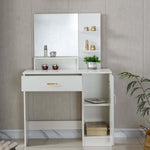 Artisansa DR-14 white dressing table with mirror and shelves placed against a gray wall - complete vanity unit for bedroom