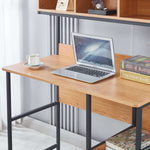 Computer Desk Student Table with laptop, coffee cup, and books, showcasing space-saving design and open shelves.