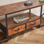 TV-17 media console detail showing fabric drawer and metal frame construction