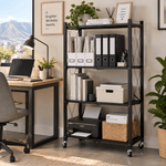 4-Tier Foldable Metal Storage Trolley with Wheels in a stylish office setting, featuring ample space for storage and organization.