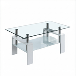 Glass Coffee Table CT-A08 with tempered glass top and stylish MDF legs, showcasing a dual-tier design for modern living spaces.