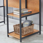 Computer Desk Student Table with open shelves displaying books and a woven basket for storage