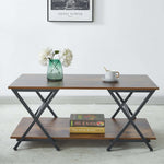 Front view of farmhouse style wood and metal center table