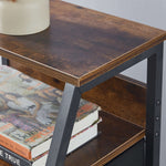 Wooden side table with metal legs and books on a shelf