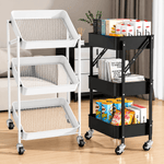Space-saving rolling storage cart with three mesh baskets for kitchen bathroom or laundry