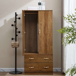 Wooden wardrobe with open door and two drawers, standing next to a coat rack with a bag on a neutral | Artisansa SAbackground.