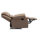 Dakota recliner armchair in a reclined position showcasing plush upholstery and adjustable footrest.