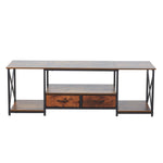 rustic TV stand with storage shelves featuring two fabric drawers and open shelving for stylish media organization.