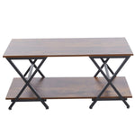 Sturdy X-shaped metal legs supporting industrial rustic coffee table