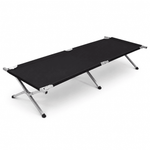 Heavy-Duty Portable Folding Camping Stretcher bed in black with a sturdy aluminum frame for outdoor use.