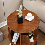 Top surface of 2-tier rotating bookshelf displaying small potted plant and coffee cup