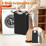 3-Compartment Laundry Sorter shown with liner and handles for easy carrying next to a washing machine.