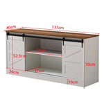 Farmhouse Sliding TV Stand dimensions and features showcasing rustic design and modern functionality.