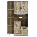 Wooden storage cabinet with multiple compartments and doors on a white background