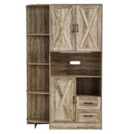 Wooden storage cabinet with multiple compartments and doors on a white background