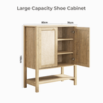 Large Boho Rattan Storage Cabinet with dimensions, showcasing natural wood design and open doors.