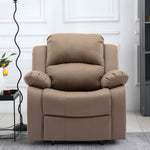 Dakota recliner armchair in light brown upholstery, featuring plush cushions and contemporary design for ultimate comfort.