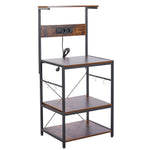 3-Tier Bakers Rack with built-in power outlets and USB port, featuring open shelves and hooks for kitchen organization.