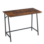 compact computer desk for students with a rustic wooden surface and sturdy metal frame, ideal for small spaces.