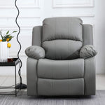 Dakota recliner armchair in plush grey PU leather, featuring deep cushioning and a modern design for ultimate comfort.