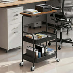3-Tier Rolling Storage Cart with Wood Top in modern office setting, ideal for organizing supplies and enhancing workspace.