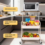 3-Tier Rolling Storage Cart in a kitchen with snacks, drinks, fruits, vegetables, and a microwave oven on top.