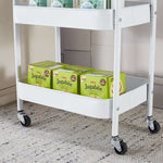 3-Tier Rolling Storage Cart with Wood Top, featuring snacks on the bottom shelf and strong rolling wheels for easy mobility.