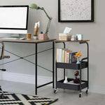 3-Tier Rolling Storage Cart with Wood Top beside a modern desk, showcasing organization and style in an office setting.