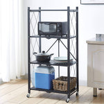 Mobile Kitchen Shelf featuring a multi-tier design with microwave, cookware, and storage baskets.