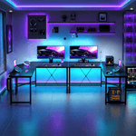L shaped gaming desk with monitor stand shelf and metal frame design