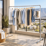 Retail garment display rack with durable double rail design for clothing shops