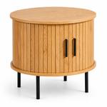 Round side table with storage and sliding tambour doors in wood grain