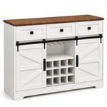 Farmhouse Wine Bar Cabinet with a rustic wood top and a crisp white finish, perfect for wine storage and home decor.
