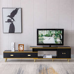Adjustable plasma TV stand in black and gold, featuring storage drawers and stylish design in modern living room.