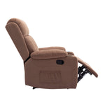 Lexi recliner armchair in a reclined position showcasing its microfiber fabric and overstuffed design.