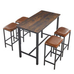Bar table stool set featuring a rectangular MDF table and four sturdy metal frame stools with brown leather-like seats.