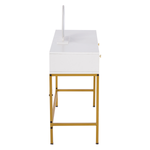 Side view of slim white dressing table with gold metal frame