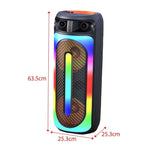 A colorful wireless Bluetooth speaker with a microphone