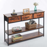 Rustic 3 drawer console table OT-202 with three fabric drawers and bottom shelf, styled with decorative items.