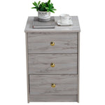 Modern 3-Drawer Side Table BST-01 featuring a grey finish and gold accents, perfect for any bedroom or living space.
