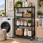 black metal 4-tier shelving unit with caster wheels and perforated shelves