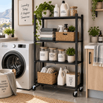 Foldable metal storage trolley with wheels displaying organized laundry supplies and plants in a modern space.