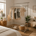 Double Rail Clothes Rack with Shoe Shelf featuring hanging garments and shoe storage in a stylish bedroom setting.