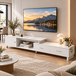 Low-profile marble-top media console with drawers and cabinet