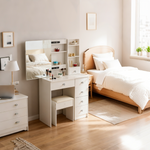 White vanity with sliding mirror open to reveal hidden storage shelves