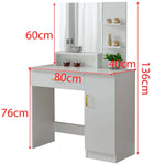 Artisansa DR-14 white dressing table with mirror with dimensions marked (60cm, 80cm, 136cm) on a white background - technical size guide